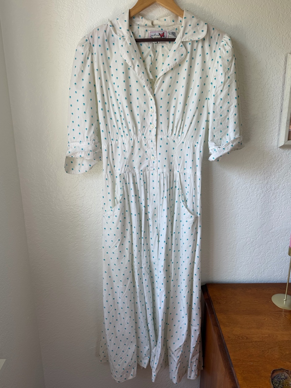Vintage Four Seasons 100% Cotton White & Blue Button Dress